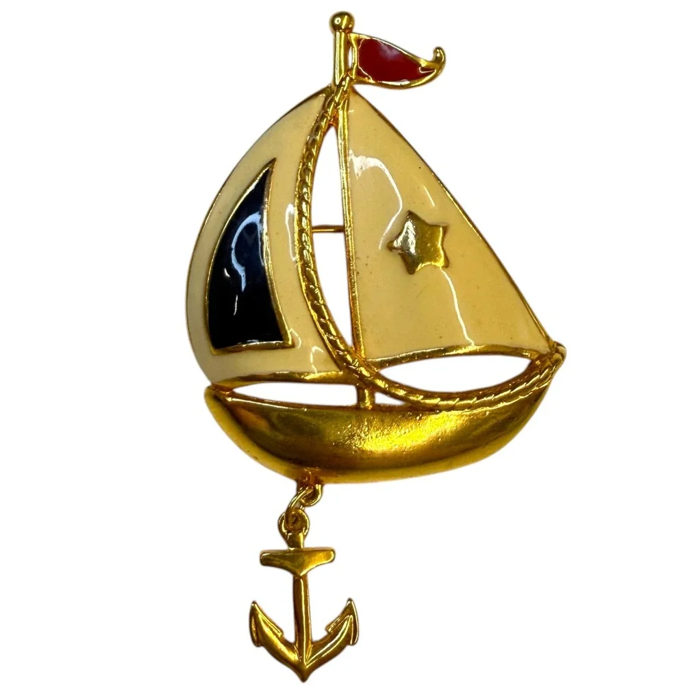 Cavon Sailboat Brooch Women Gold Tone Enamel Excellent Nautical Anchor Dangle